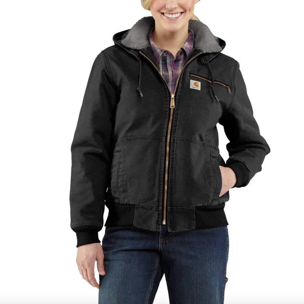 Carhartt Hooded Weathered Wildwood Sherpa Lined Black Bomber Jacket